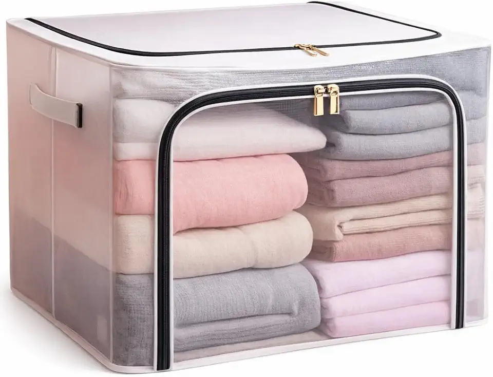 Caixa Organizadora 24L com Zíper Transparente Multiuso para Roupas, Cobertores, Brinquedos, PVC e Poliéster, Dobrável