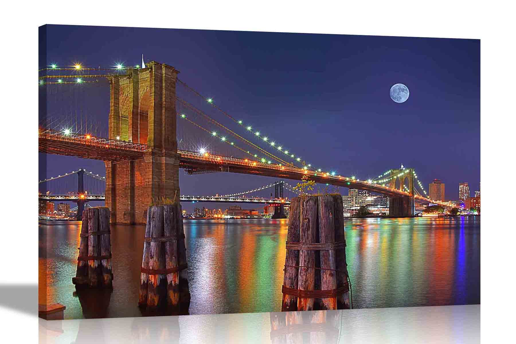 Brooklyn Bridge at Night with Moon New York City Canvas Prints for Living Room Framed Hanging Artwork Cityscape Pictures for Bedroom 60 x 40cm (24 x 16 inches) A2