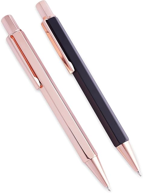 Rose Gold Black Luxury Ballpoint Pen Gift Set for Women - Black Ink Smooth Writing Pens - Nice Refillable Bullet Pen Set for Journaling and Note Taking
