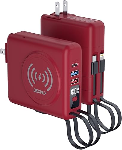 Cargador portátil con enchufe de pared de CA y cables integrados 10000mAh 5 en 1 USB C Power Bank con cargador inalámbrico 6 salidas de entrada