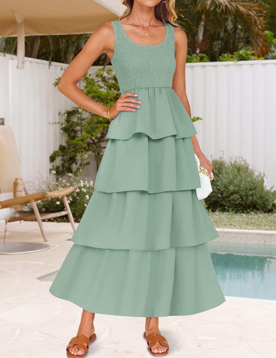 ZESICA Women's 2026 Summer Boho Sleeveless Midi Dress Scoop Neck Ruffle Tiered Layered Swing Long Beach Vacation Dresses - Image 2