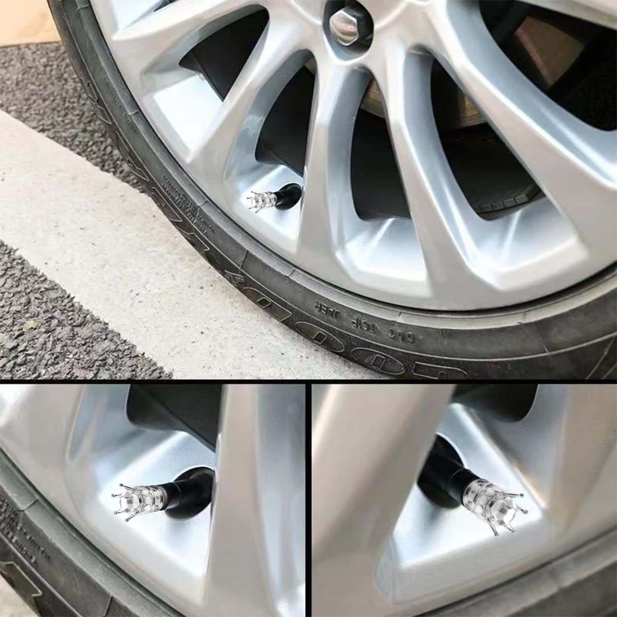 Crown Tire Valve Stem Caps, 4Pcs Handmade Bling Rhinestone Car Stem Air Caps Cover, Dustproof Tire Valve Caps for Bike Motorcycle Wheels, Auto Exterior Accessories for Girl Women (Silver/Silver) : Automotive