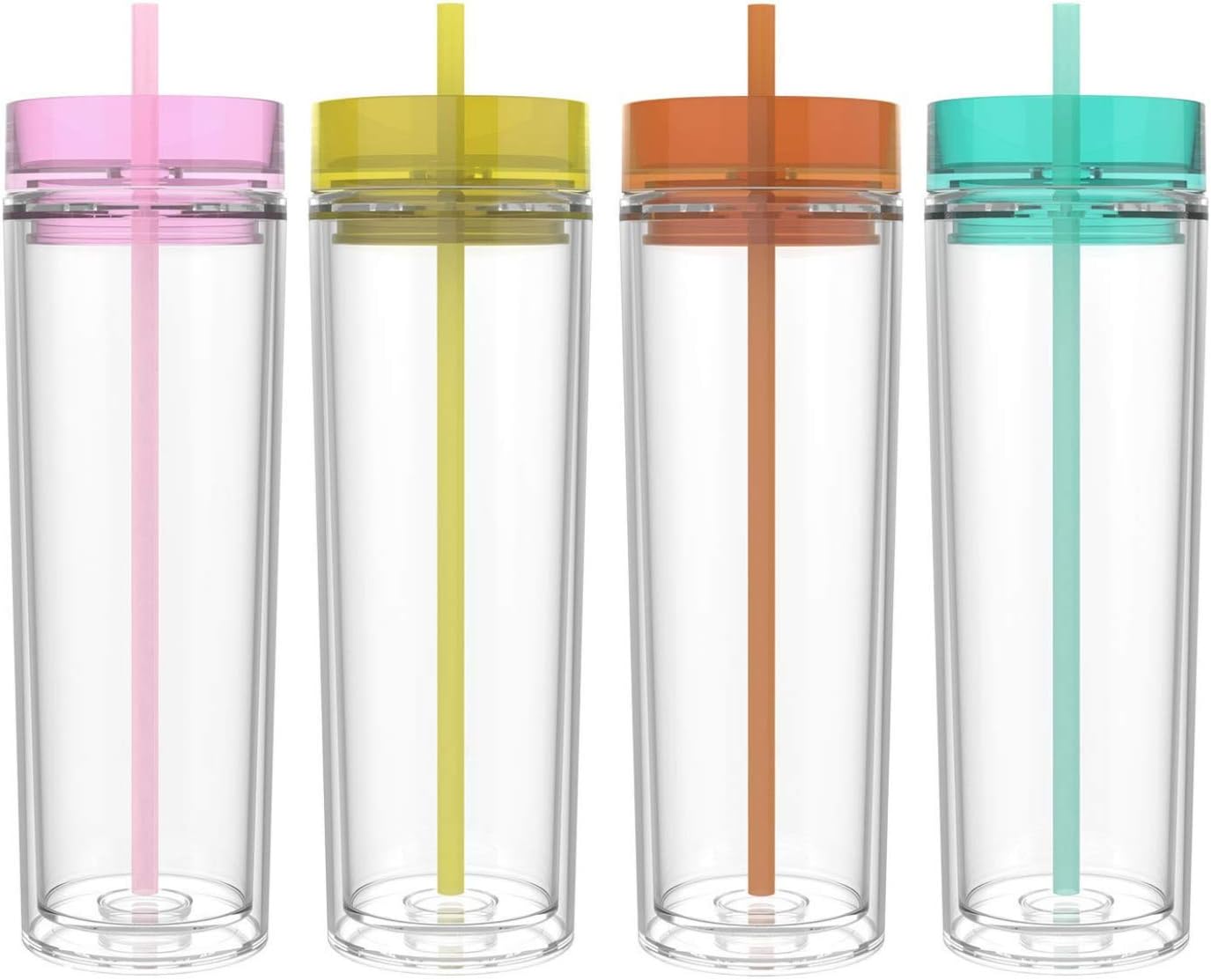 Maars Drinkware Double Wall Insulated Skinny Acrylic Tumblers with Straw and Lid, 16 oz. (4 pack, Carnival)