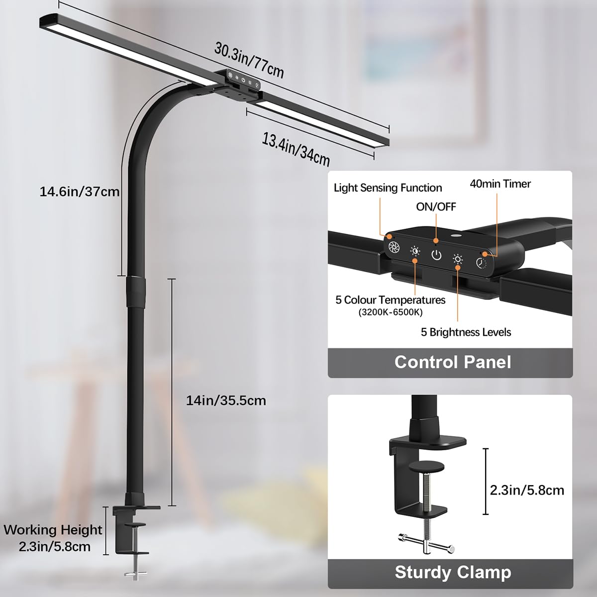 bravzurg Lampada da scrivania a LED con sensore di luce e morsetto, 24W lampade tavolo a doppia testa, super luminosità, ultra ampia, dimmerabile, per pc monitor/ufficio/studiare/schermo
