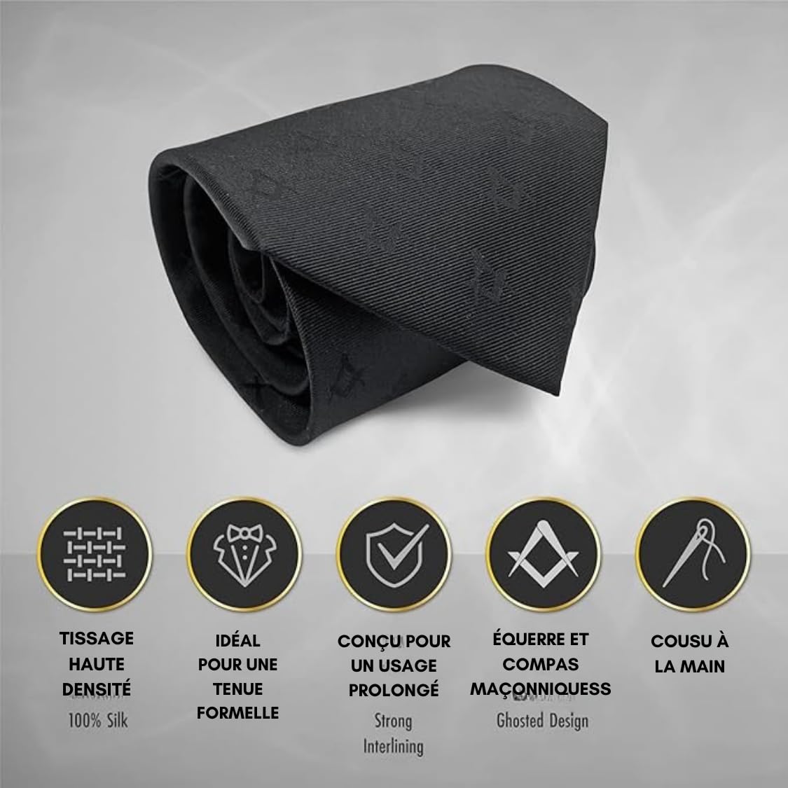 THE MASONIC COLLECTION Cravate noire homme carré et compas - Soie ou polyester - Fait main - Meilleur nœud et suspension - Cadeaux franc-maçons pour hommes