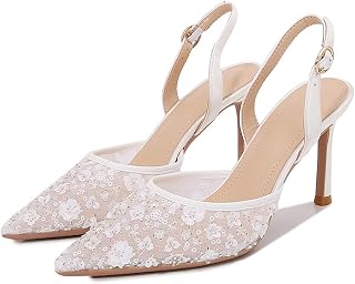 Women's Lace Slingback Stiletto Heel Pumps Pointed Closed Toe Sexy Ankle Strap High Heel Dress Shoes Fashion White Wedding Shoes