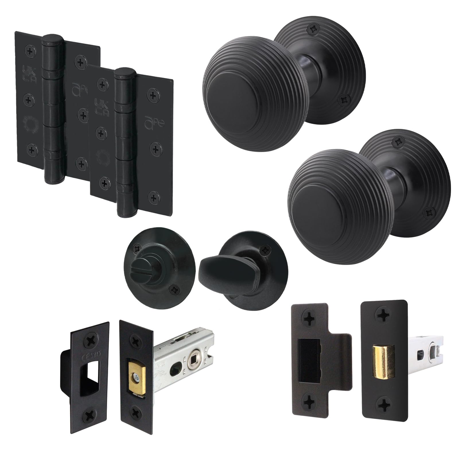 EAI Matt Black Door Knobs with Latch and Deadbolt, Hinges, 1 Pack - Beehive