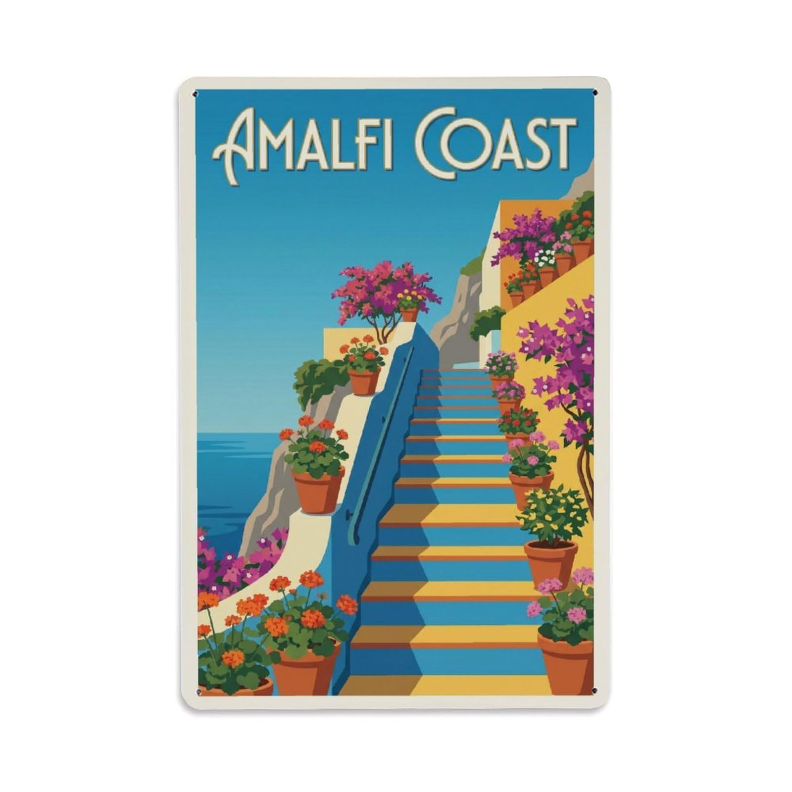 Vintage Travel Stairway Italy Coastal Metal Tin Sign Plaque Wall Decor for Cafe, Club Bar, Office, Home Garden Metal Poster 8x12Inch
