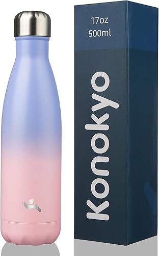 Konokyo Botellas de agua aisladas, 17 onzas, doble pared de acero inoxidable, termo de metal Vacumm para viajes deportivos, puesta de sol pastel