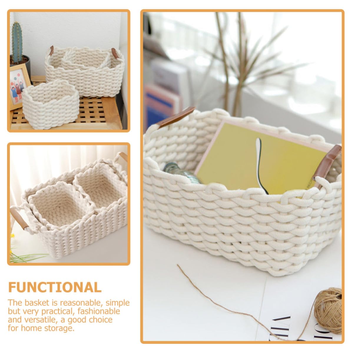 Cesta Portaoggetti Intrecciata in Corda di Cotone Bianca, Set 3 Pezzi | Manico in Cuoio, per Casa e Scaffale, Formato Piccolo e Grande, Adatta a Oggetti Vari