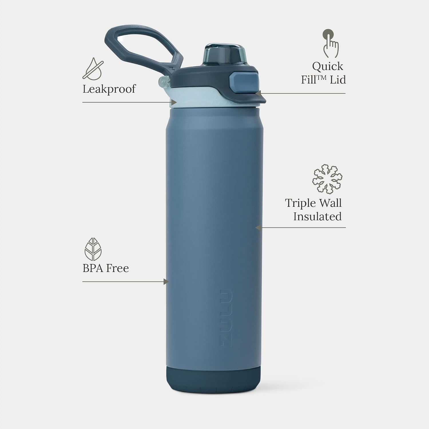 Condition photo showing As Is for zulu powerfill pro 24oz stainless steel water bottle with quick fill lid, triple walled vacuum insulated metal, leak proof locking lid, sip and chug, reusable bpa free, high tide 24oz high tide