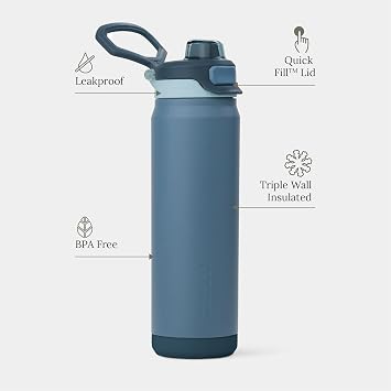 ZULU Powerfill Pro 24oz Stainless Steel Water Bottle with Quick Fill Lid, Triple Walled Vacuum Insulated Metal, Leak Proof Locking Lid, Sip and Chug, Reusable BPA Free, High Tide