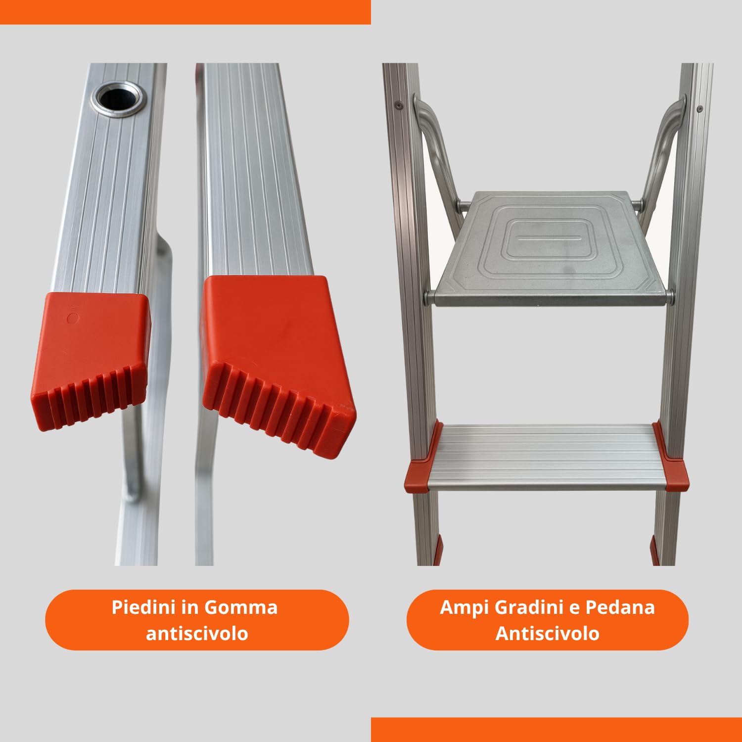 eacommerce - Scala Domestica in Alluminio | Antiscivolo con Gradini da 80mm | Portaoggetti e Chiusura a Portafoglio | Made in Italy, Alluminio (6 Gradini)