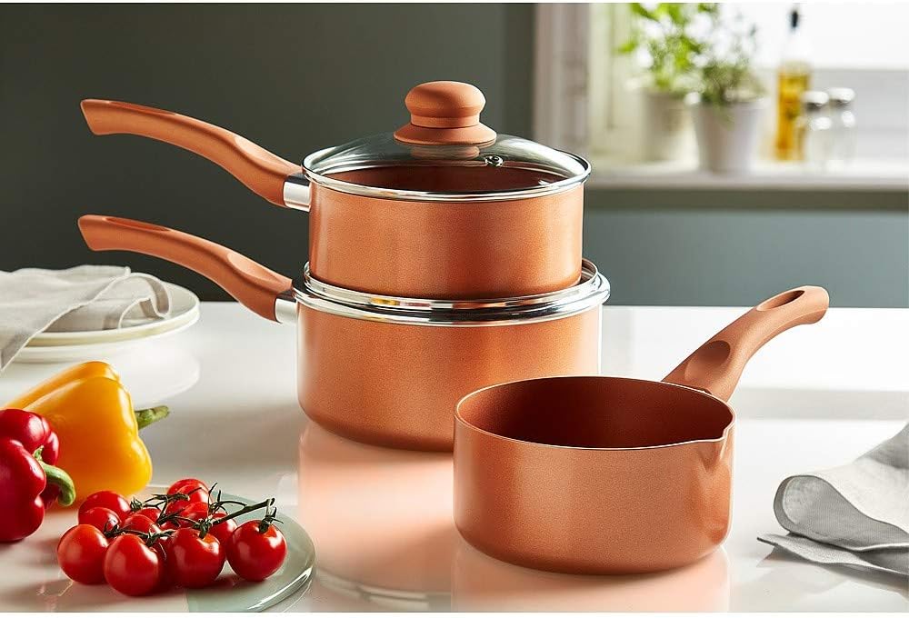 Set of 3 14cm/16cm/18cm Copper Ceramic Non-Stick Saucepans Copper King Cookware