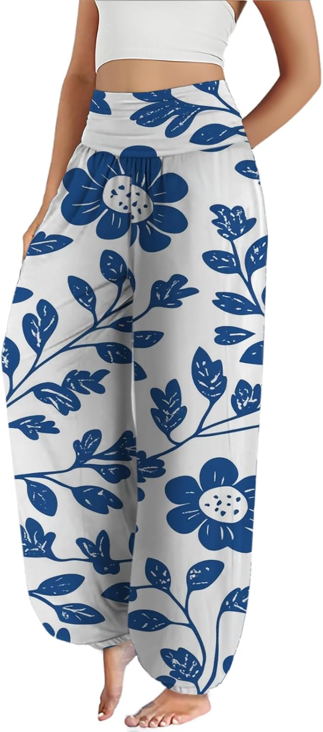 Wide Leg Pants for Women Casual Loose High Waist Flowy Lounge Trousers Summer Boho Print Lantern Pant with Pocket