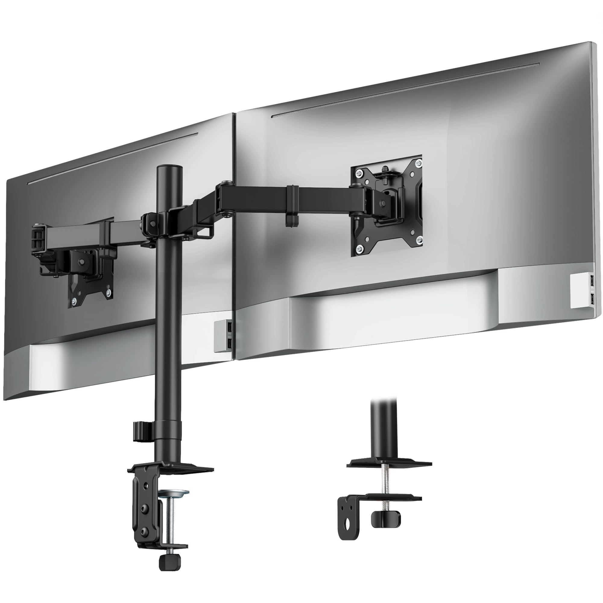 Photo 1 of monTEK Heavy Duty Dual Monitor Stand for 17 to 32 Inch Screens, Adjustable Desk Mount Supports 22 lbs Each, Clamp and Grommet Base, VESA 75x75/100x100