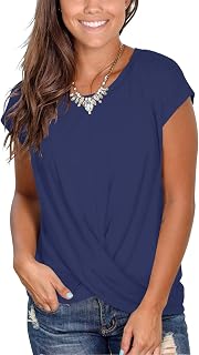 Women's Short Sleeve Round Neck T Shirt Front Twist Tunic Tops Casual Loose Fitted