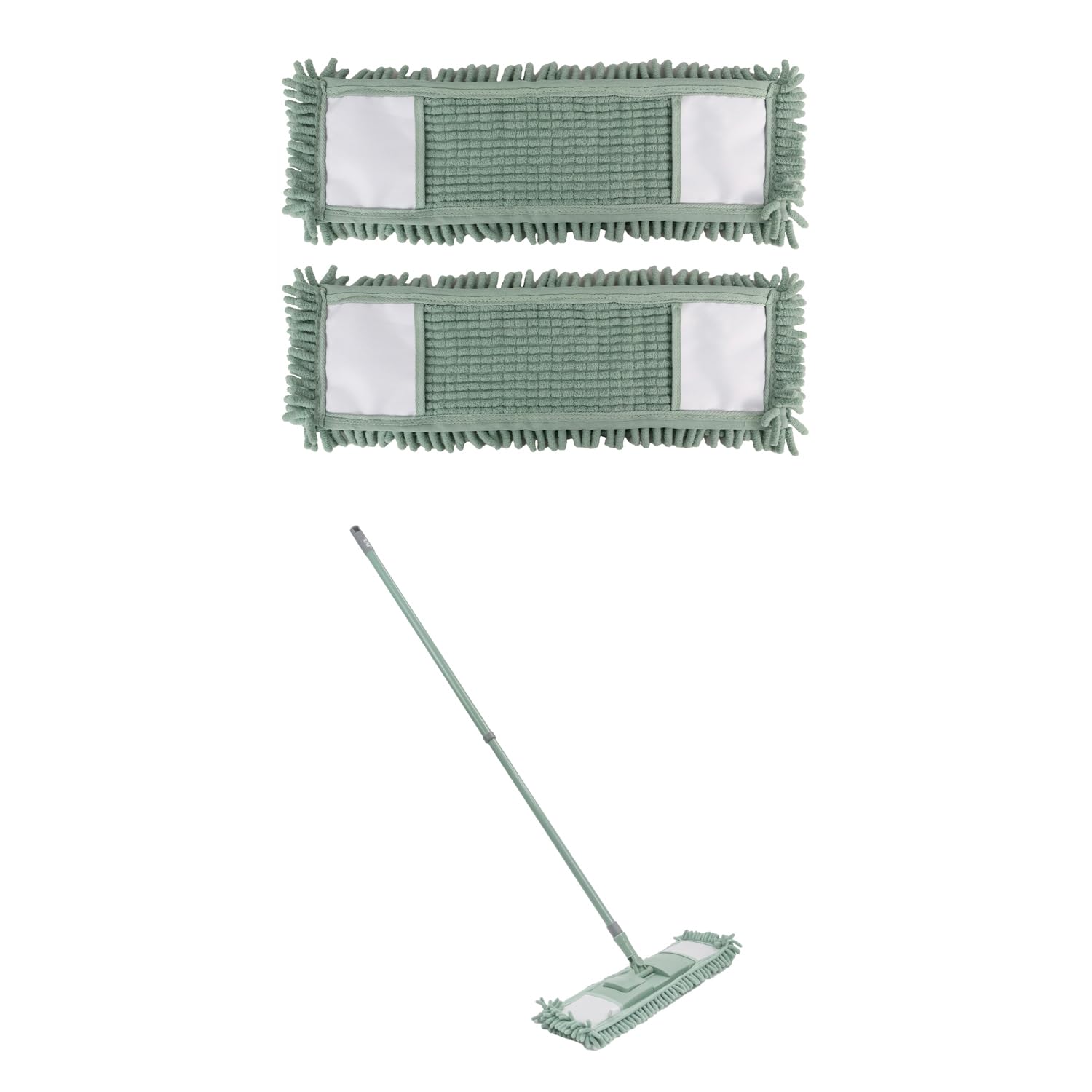 JVL Extendable Chenille Mop With 2 Replacement Heads – Flat Floor Cleaner with Long Handle – Machine Washable Microfibre Refill System – Green