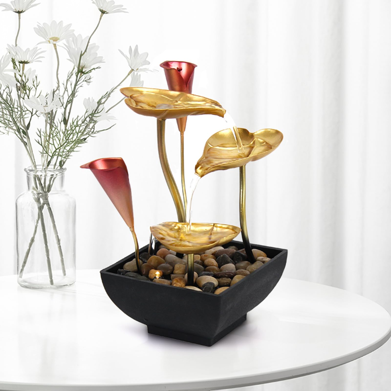 Fontana da tavolo a forma di foglia di loto con luci a LED e accenti di calla, fontana zen da interni per decorazione e relax in casa e ufficio