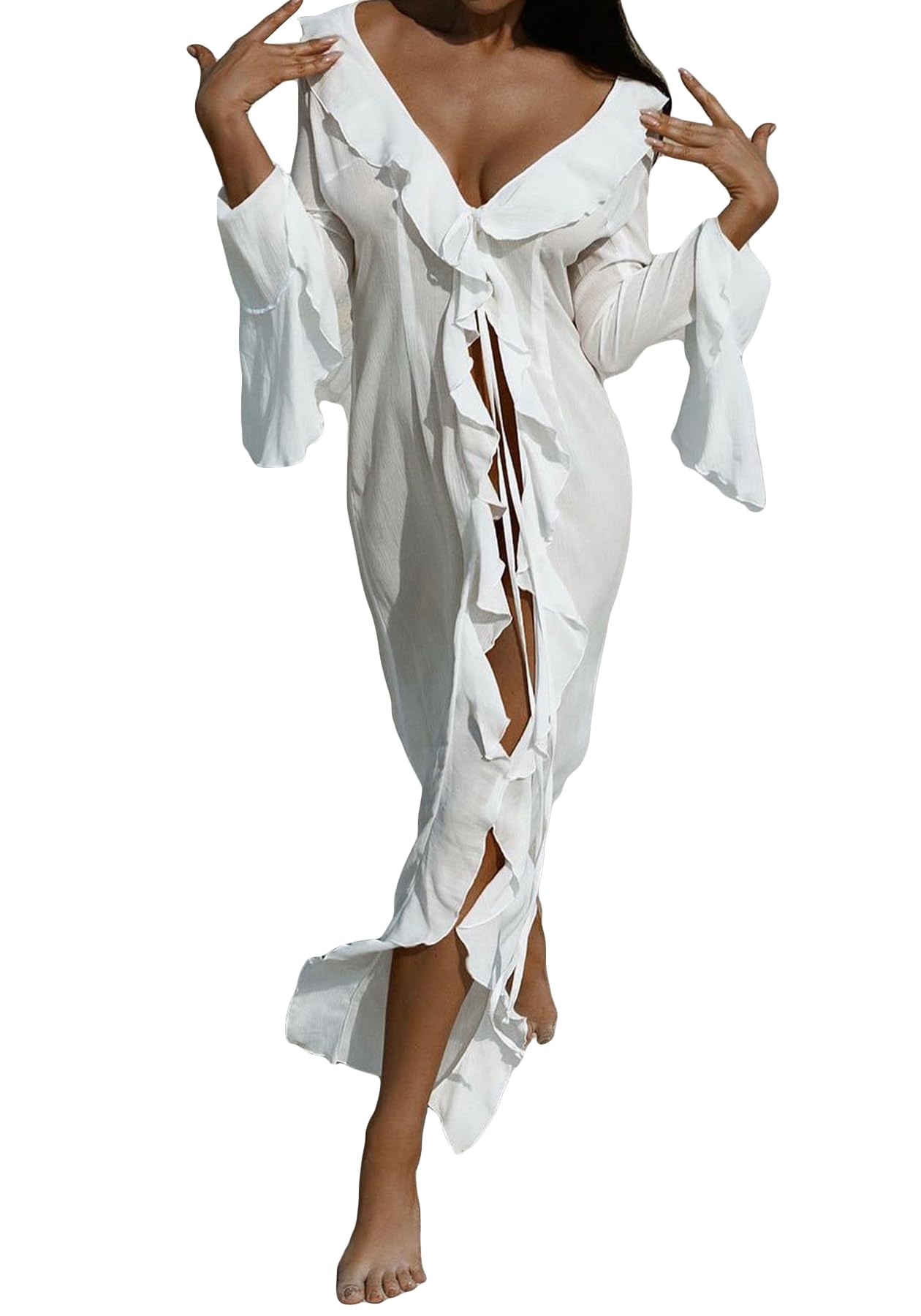 Tcremisa Women Flowy Long Beach Cover Ups Dress Bell Sleeve Sheer Mesh Chiffon Ruffle Duster Robe Kimono Dresses