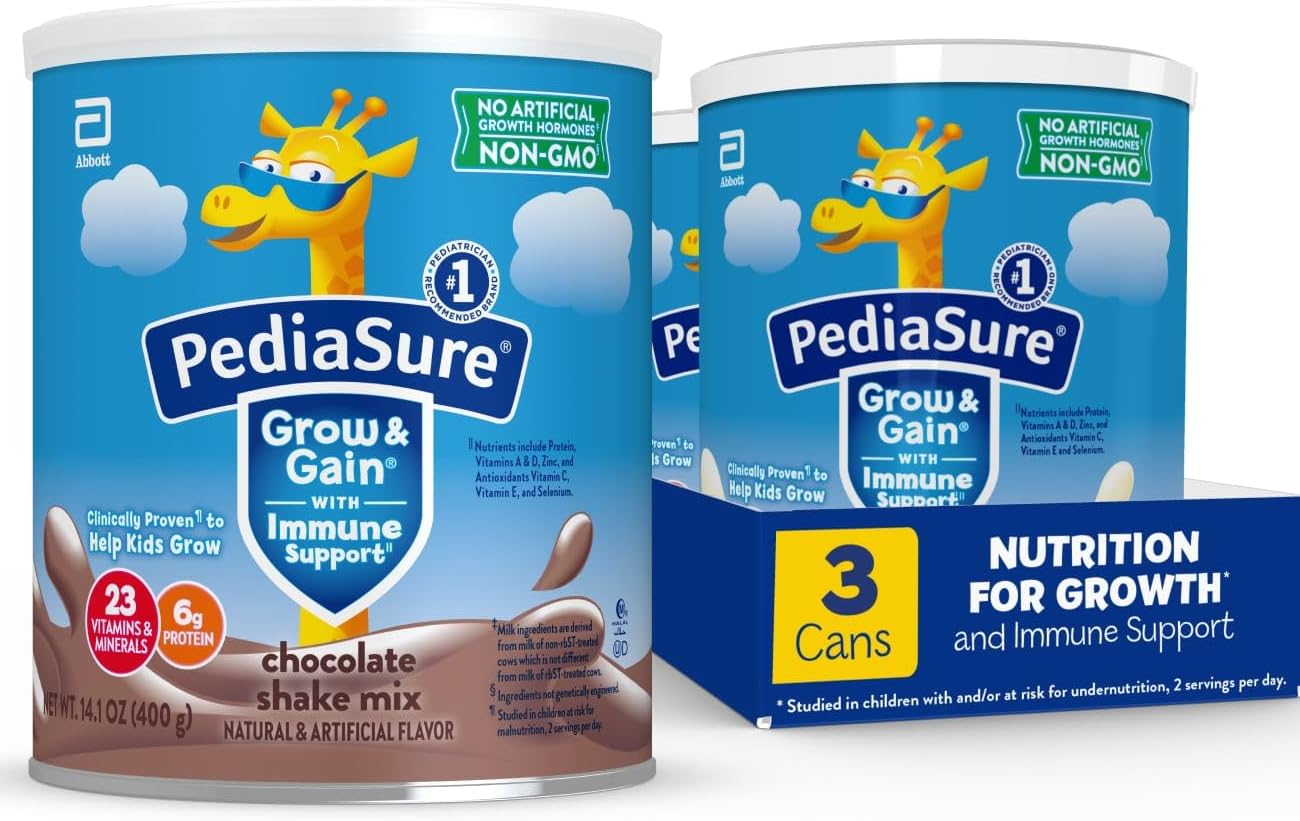 PediaSure Grow & Gain with Immune Support Shake Mix Powder, 23 Vitamins & Minerals, 6g Protein, Non-GMO, Gluten-Free, Chocolate, 14.1 oz Can, Pack of 3-24 servings