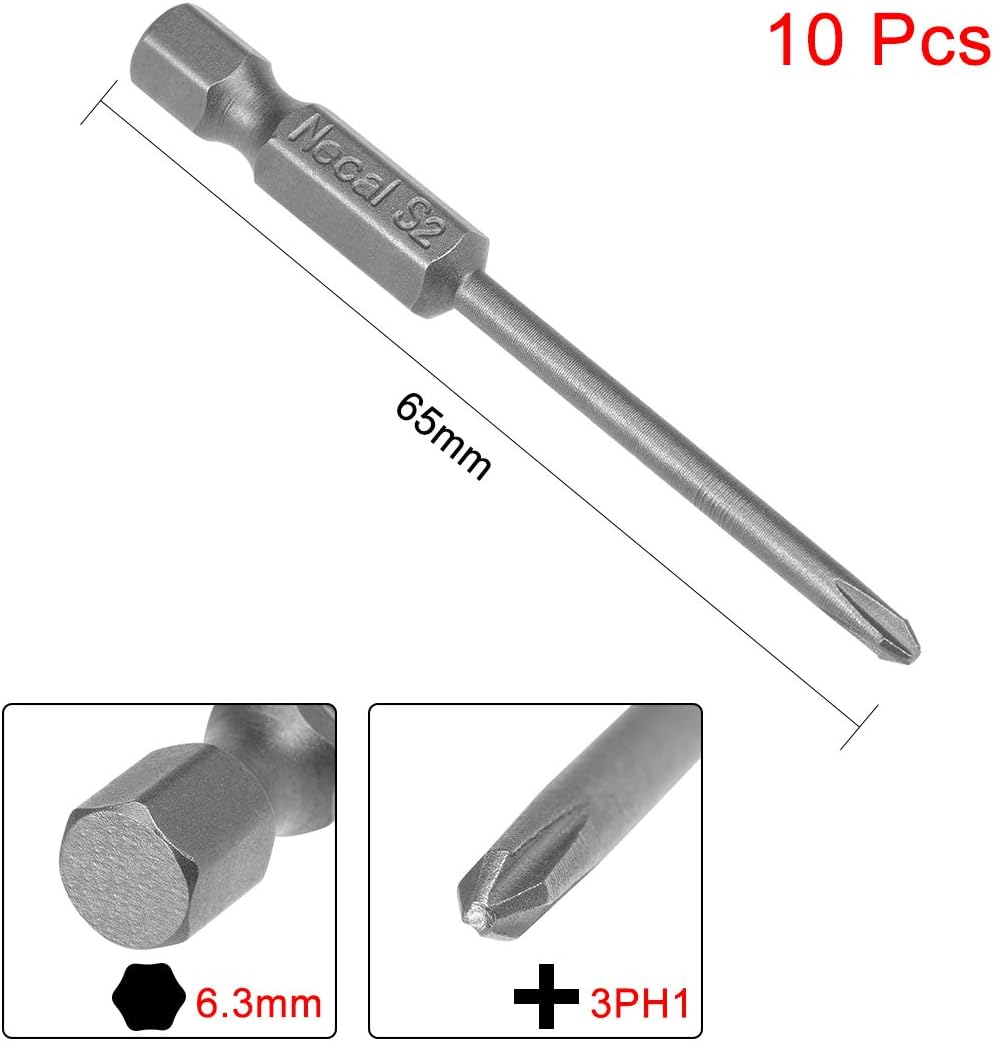 uxcell 10pcs 65mm 1/4" Hex Shank 3mm PH1 Magnetic Phillips Head Screwdriver Bits S2 High Alloy Steel