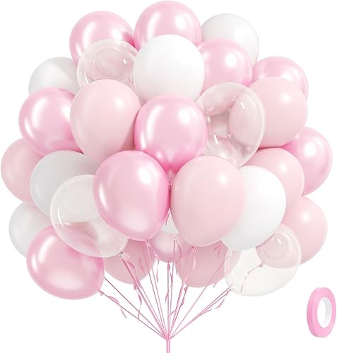 60pcs Pink and White Balloons 12inch with Clear Pastel Pearl Pink Balloons