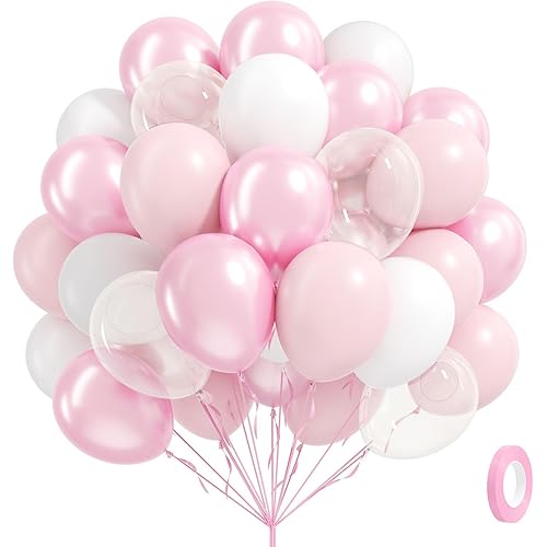 60pcs Pink and White Balloons 12inch with Clear Pastel Pearl Pink Balloons for Wedding Bridal Baby Shower Shower Birthday Party Decorations