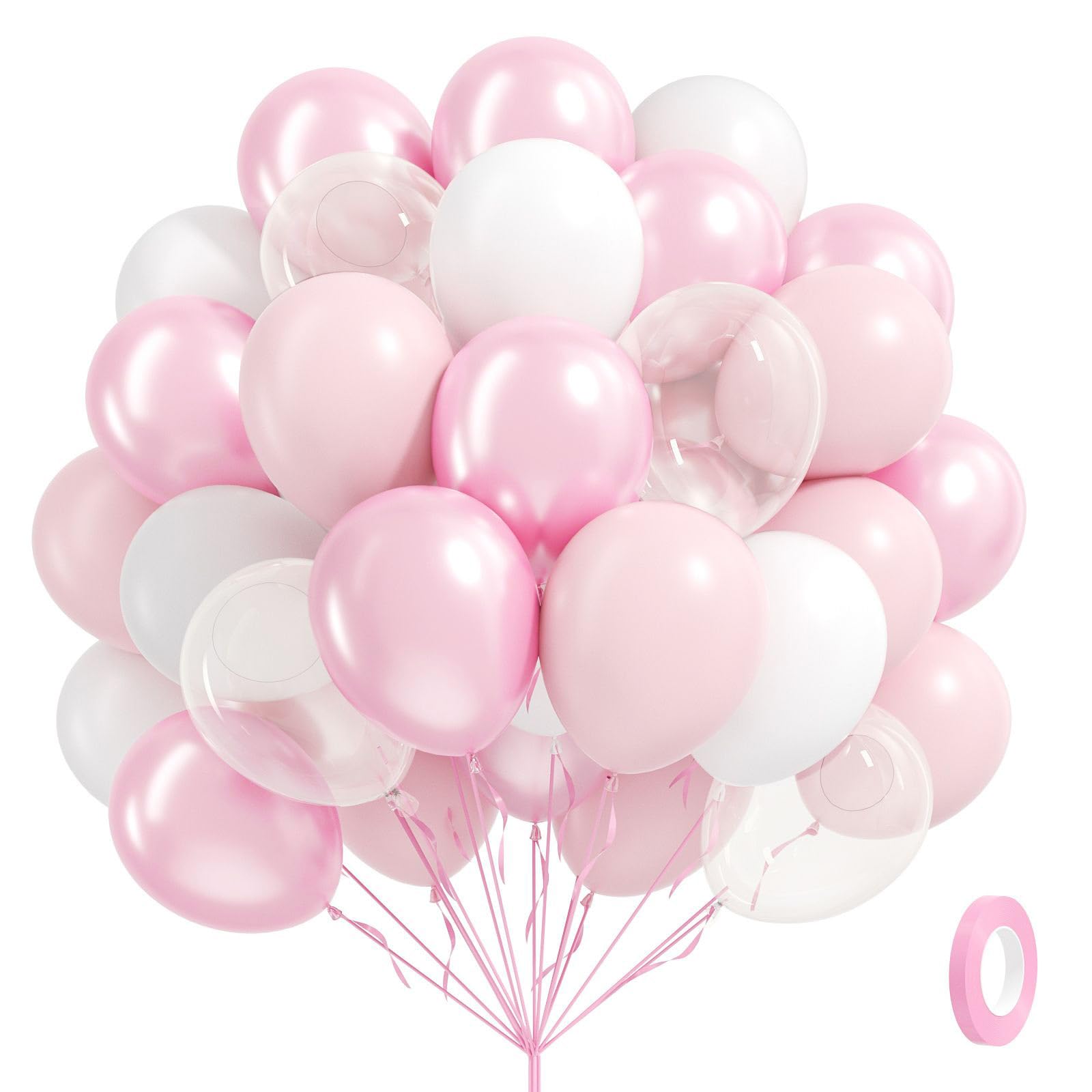 Photo 1 of 60pcs Pink and White Balloons 12inch with Clear Pastel Pearl Pink Balloons for Wedding Bridal Baby Shower Shower Birthday Party Decorations