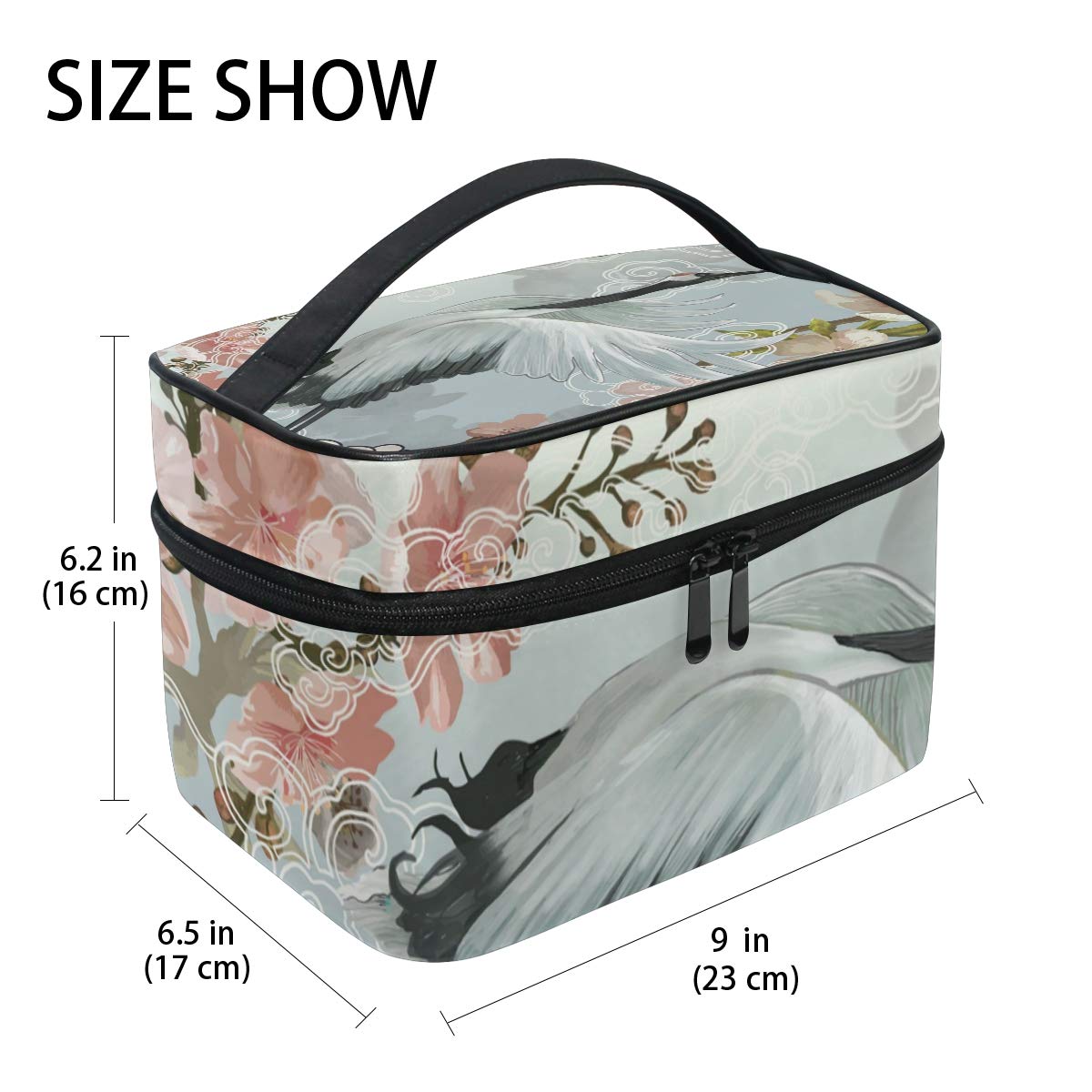 Hengpai Flying Elegant White Japanese Crane Cosmetic Bag Travel Makeup Train Cases Storage Organizer for Women