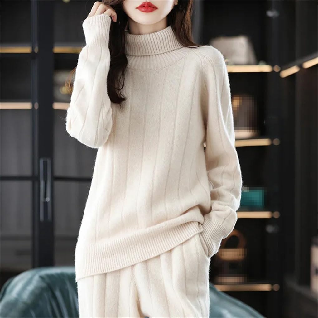 keusyoi Suit Ladies Long Sleeve Turtleneck Cashmere Sweater Casual Knit Loose Wide Leg Pants Women 100% Wool Suit