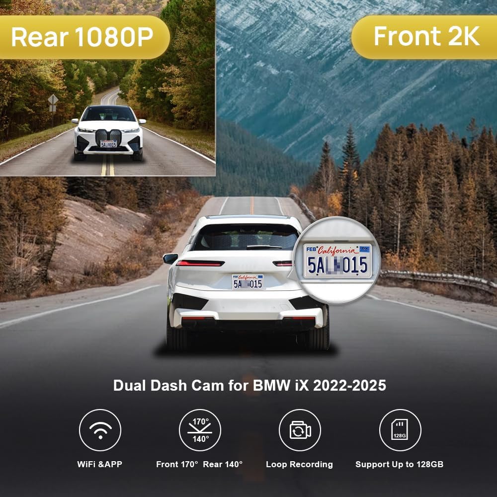 Fitcamx Front 2K+Rear 1080P Dash Cam Adapts for BMW iX 2022-2026 (HD2-2228, Longer Cover), Integrated OEM Look, Dual HD Video, WiFi & APP, Loop Recording, Gravity Sensor, Easy to Set, 64GB Card