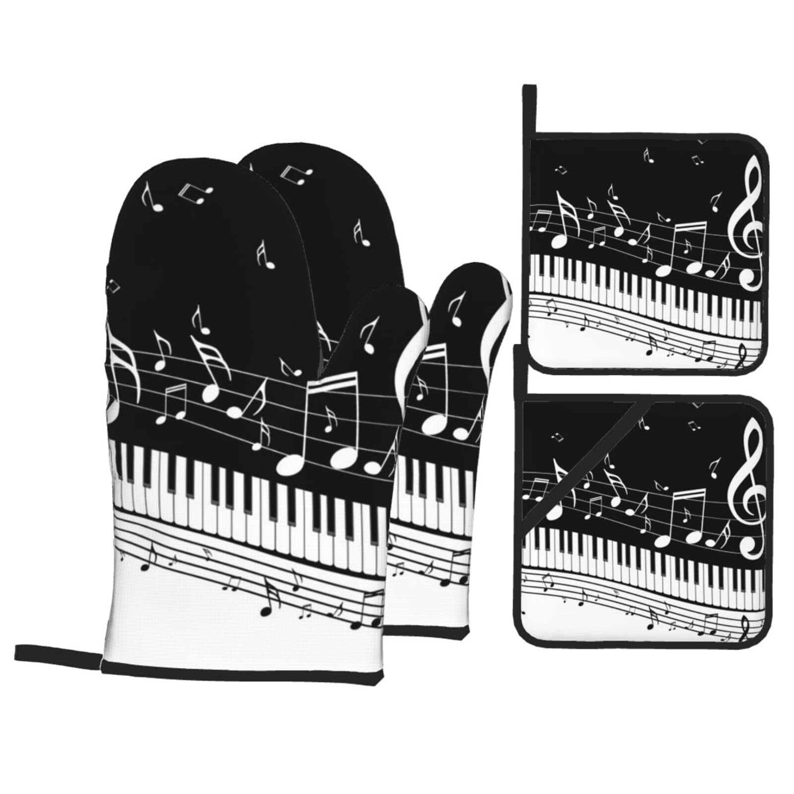 Black White Music Note Print Stylish Heat-Resistant Oven 4-Piece Set Kitchen Gloves Roasting Daily Cooking