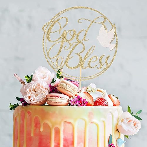 Miniatura 3 de Decoración de pastel con paloma con purpurina dorada para tartas de bautismo de primera comunión, bautismo religioso, bautizo, decoración de