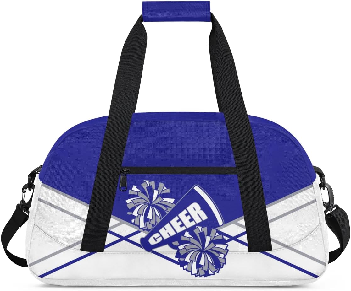 Kid Cheer Duffel Bag Travel Weekender Overnight Bag Sports Gym Bags for Girls Boys Personalized Gymnastics Sleepover Bags Waterproof Carry-on Handbags Collapsible Work Out Hanbag Blue Silvery White