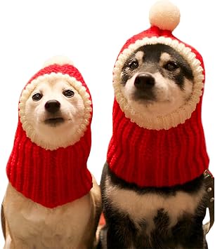 NACOCO Christmas Dog Hat Crocheted Snood Funny Pet Cap with Pompon Red Green Warm Winter Dog Hat Knit Snood Headwear for Pets & Women & Men Red, S
