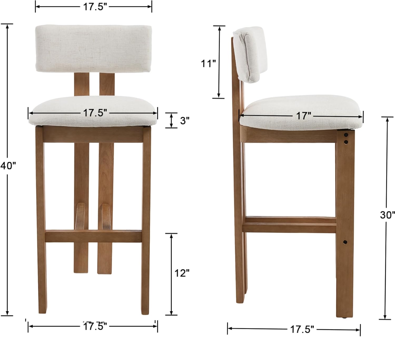 30“ Mid Century Modern Counter Bar Stools Set of 2,Farmhouse Comfy Counter Height Barstools Upholstered Wooden Bar Chairs with Footrest for Kitchen Island/Home Bar/Cafe, Linen Ivory