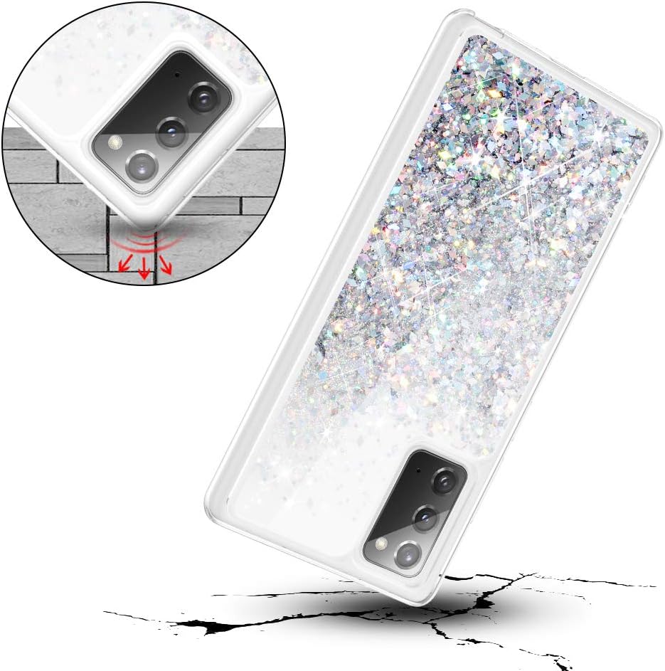 Caka Glitter Case for Galaxy Note 20 Case Girly for Women Girls Bling Liquid Quicksand Luxury Flowing Moving Waterfall Glitter Clear TPU Phone Case for Samsung Galaxy Note 20 (2020 Release) (Silver)