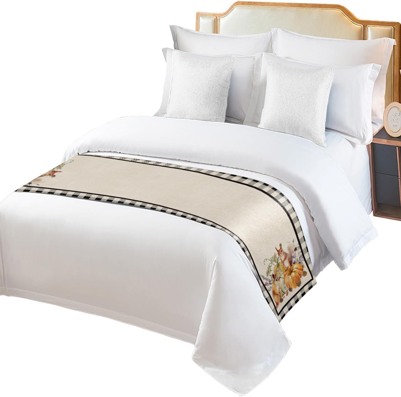 Bed Runner Scarf, Thanksgiving Fall Pumpkin Squirrel Hazelnuts Black Plaid King Bed Bedding Scarves Cover Decorative Bed Scarf for Home Hotel Guesthouse Bedroom Wedding Room Guestrooms 83"x20"
