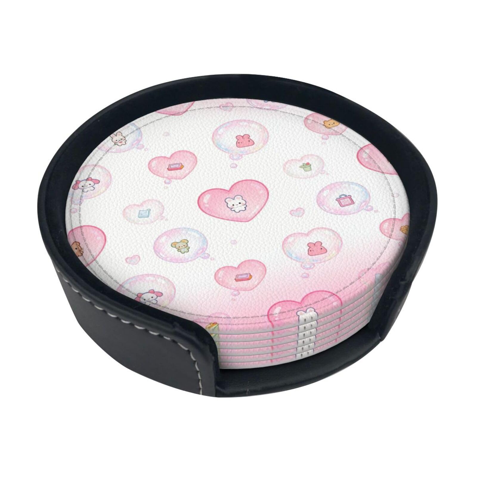 Cntdbu White Heart-Shaped Bubbles Leather Coasters Set Of 6-Pu Leather Drink Mats For Table, Heat Resistant Round Coasters With Holder