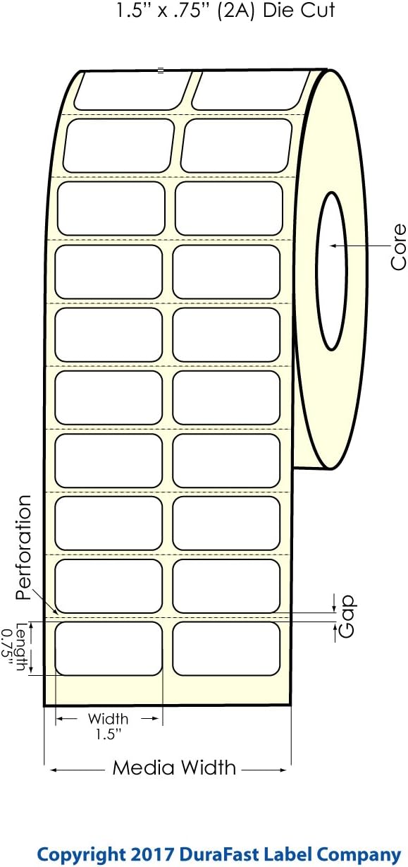 DuraFast Inkjet Chemical Roll-Fed Paper 1.5" x 0.75" Labels for Epson TM-C3500, TM-C3400, ColorWorks C3500 and ColorWorks C3400, 1920 Labels/Roll on a 4" Outer Diameter