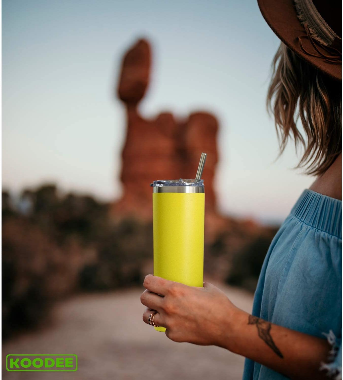 Koodee 20 oz Skinny Tumbler - Stainless Steel Double Wall Insulated Slim Water Cup With Straw and Lids (Yellow) - Image 6