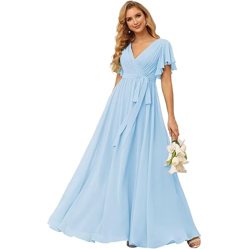 Seim V Neck Bridesmaid Dresses Long for Women A Line Evening Formal Gowns Maxi Party Dress with Pockets Baby Blue 08