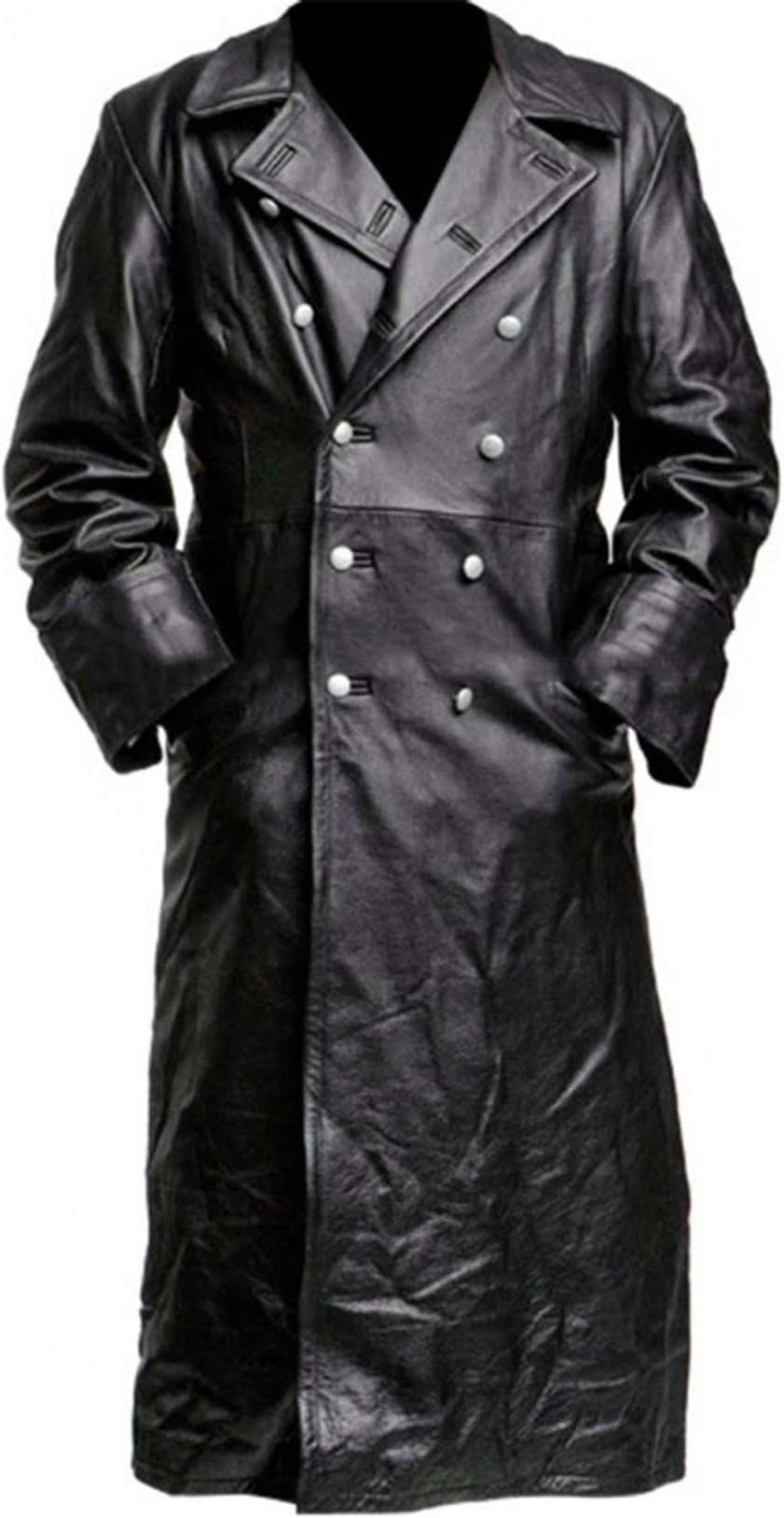 SKYSELLER German Classic Officer WW2 Military Uniform Black Leather Trench Coat