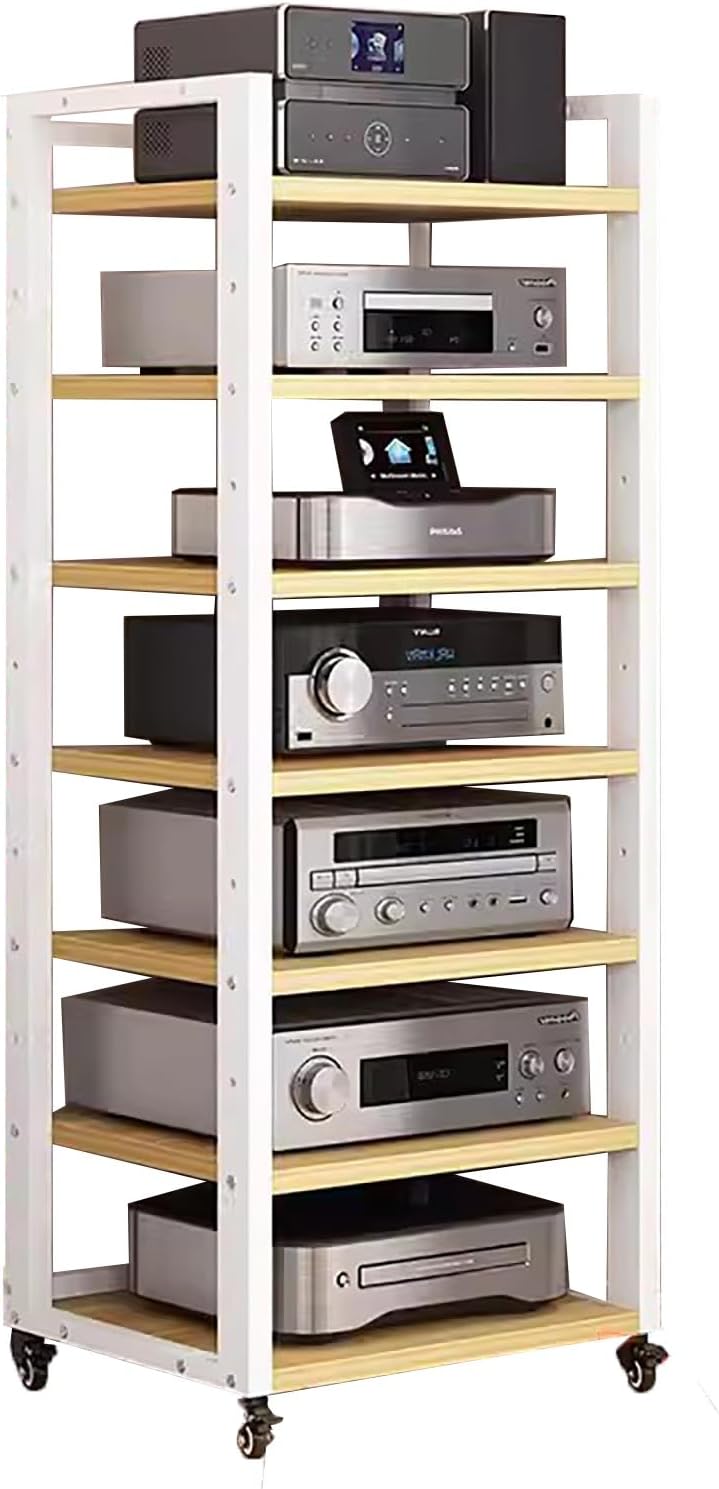 AV Component Media Stand, 7 Tier Audio Video Rack Tower Media Center, Large Load Bearing CD Record Player Turntable Stereo Receiver Game Console Shelf, Entertainment Stereo Components(White)