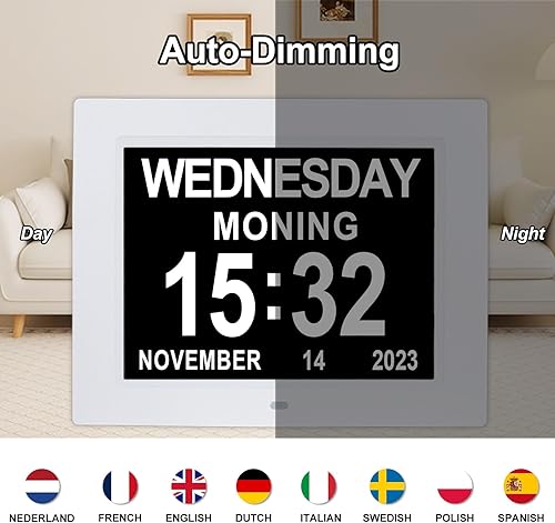 Miniatura 6 de TSITSC Reloj de demencia con control remoto  Calendario digital grande de 8 pulgadas para personas mayores con 12 alarmas + atenuación automática,