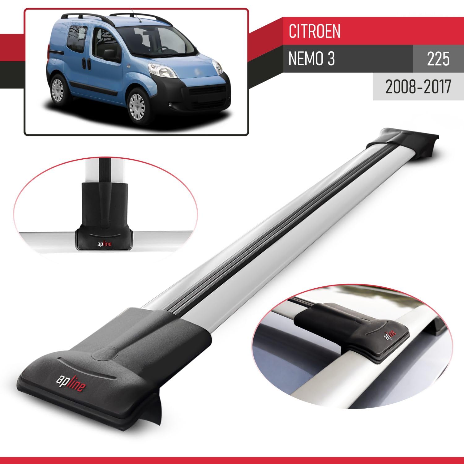 Compatible con Citroen Nemo 3 (225) 2008-2017 Modelo Fly Barra de Techo Auto Portaequipajes Barras Transversales Gris Aluminio 2 Barras