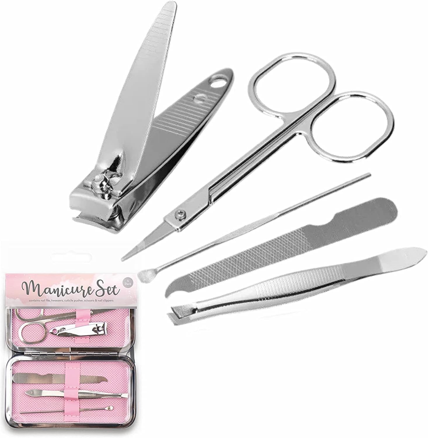 Manicure Set Professionele RVS Grooming Kit Voor Cuticula Remover Inclusief een Nagelvijl Pincet Pusher Schaar En Nail Clippers Travel Tool Mannen Vrouwen Pack van 5