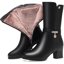 Womens Warm Mid-Calf Leather Boots Comfortable Chunky Heel Side Zipper Fur Lining Winter Boots with Decorative Rhinestones & Pendant