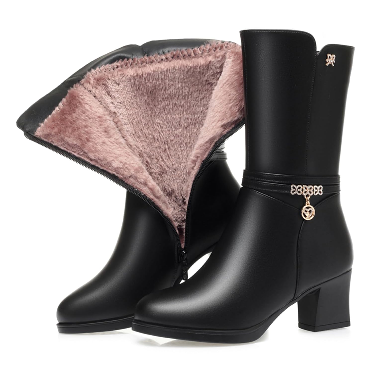 Womens Warm Mid-Calf Leather Boots Comfortable Chunky Heel Side Zipper Fur Lining Winter Boots with Decorative Rhinestones Pendant